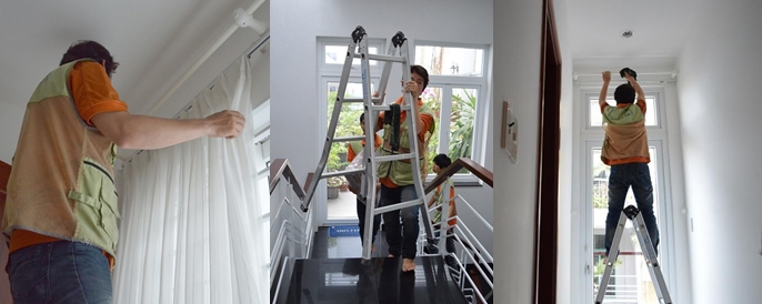 Hình ảnh thi công tháo, lắp màn cửa (rèm cửa) trước và sau khi giặt sạch